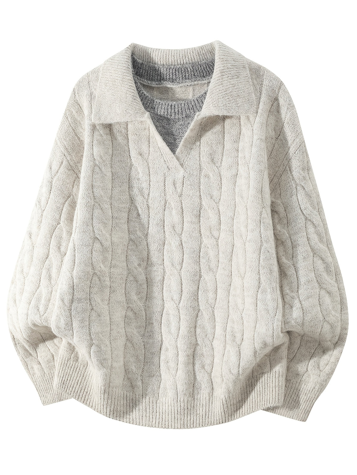 Autumn Winter Polo Neck Sweater Faux Two-Piece Pullover Knit Thick Inner Top - Apricot