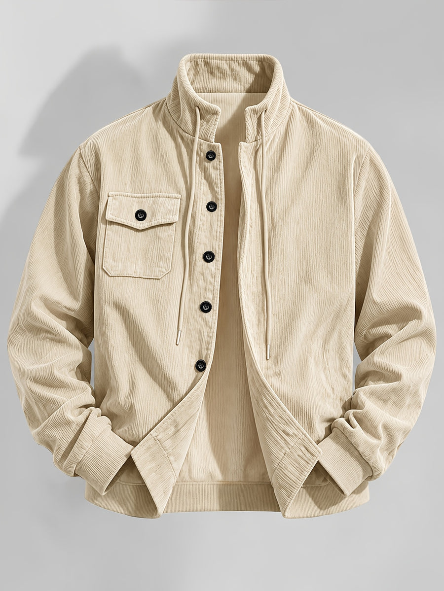 New Arrival Special 1pc Men'S Corduroy Short Stand Collar Jacket Button-Front Stand Collar Drawstring Design Chest Patch Pocket Ribbed Cuffs Hem Retro Workwear Style Autumn Winter Casual Commute Street Wear Outing Party Jacket - Apricot