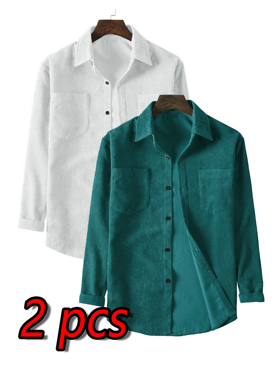 A Two-Piece Set for Men Featuring a Corduroy Button-Up Cardigan with Two Chest Pockets, a Stylish Solid Color Striped Shirt, And Men'S Apparel - White and Dark Teal Two-piece Set