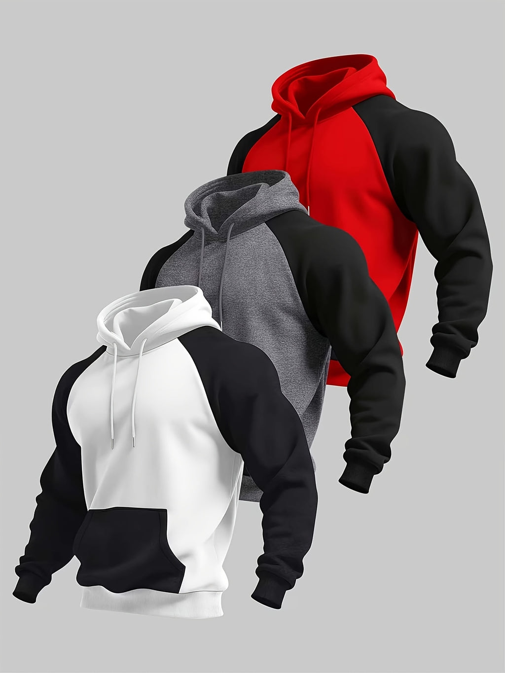 Men's Colorblock Hooded Sweatshirt, Spring/Autumn Solid Color Versatile Loose Fit Casual Pullover Hoodie, 3pcs Set - Black with White - Red with Black - Dark Gray with Black