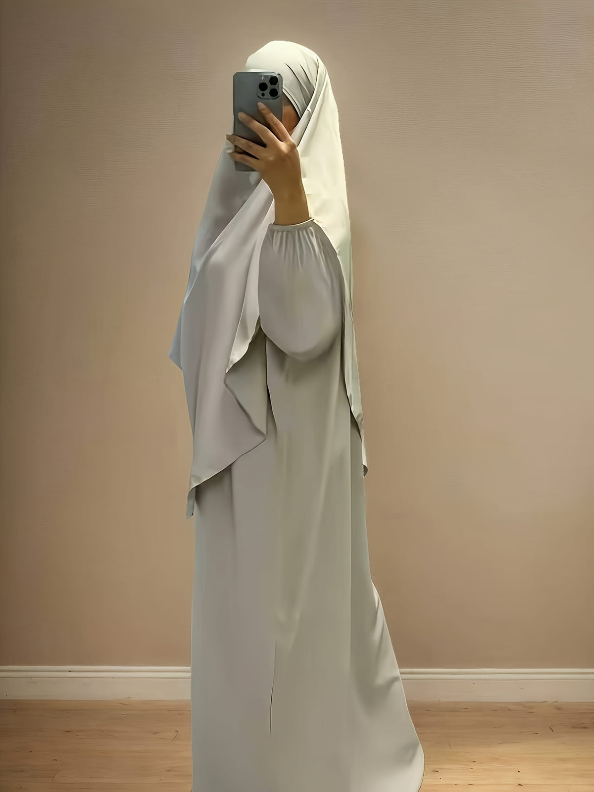 Two-Pieces Set (Khimar And Abaya) Prayer Jilbab Outfit for Muslim Women, Stylish And Elegant, Features a Solid Color, Easy Single-Layer Headscarf Khimar. Ideal for Everyday Wear, Festivals, Gatherings, And Outdoor Events. Women'S Islamic - Granny Gray