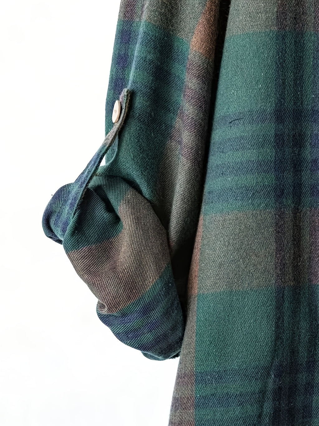 Women's Casual Plaid Midi Single-Breasted Loose Shirt - Dark Green