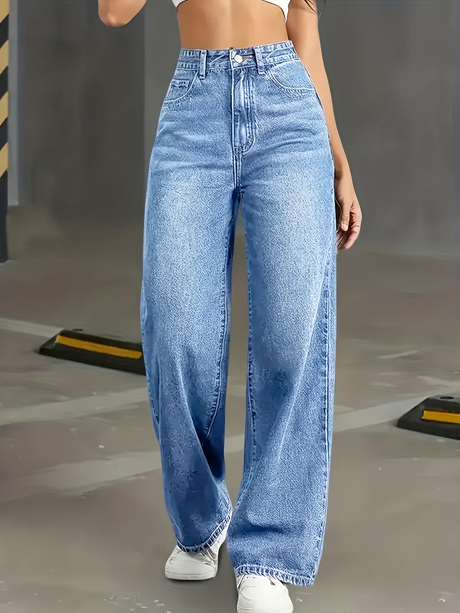 Women's High-Waisted Wide-Leg & Straight-Leg Jeans Pants - Stretch Denim Trousers with Washed Blue Color, Tight-Fitting Top & Loose Bottom for all-Season Wear, Suitable for Work, Travel, Office - Elegant Special Line (In Stock) - Medium Blue