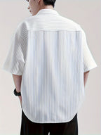 Men's Summer Striped Short-Sleeve Shirt, Loose Fit, Thin Spring/Autumn Casual Premium Shirt, Read-to-Wear Wrinkle-Free 2024 Short Top - White