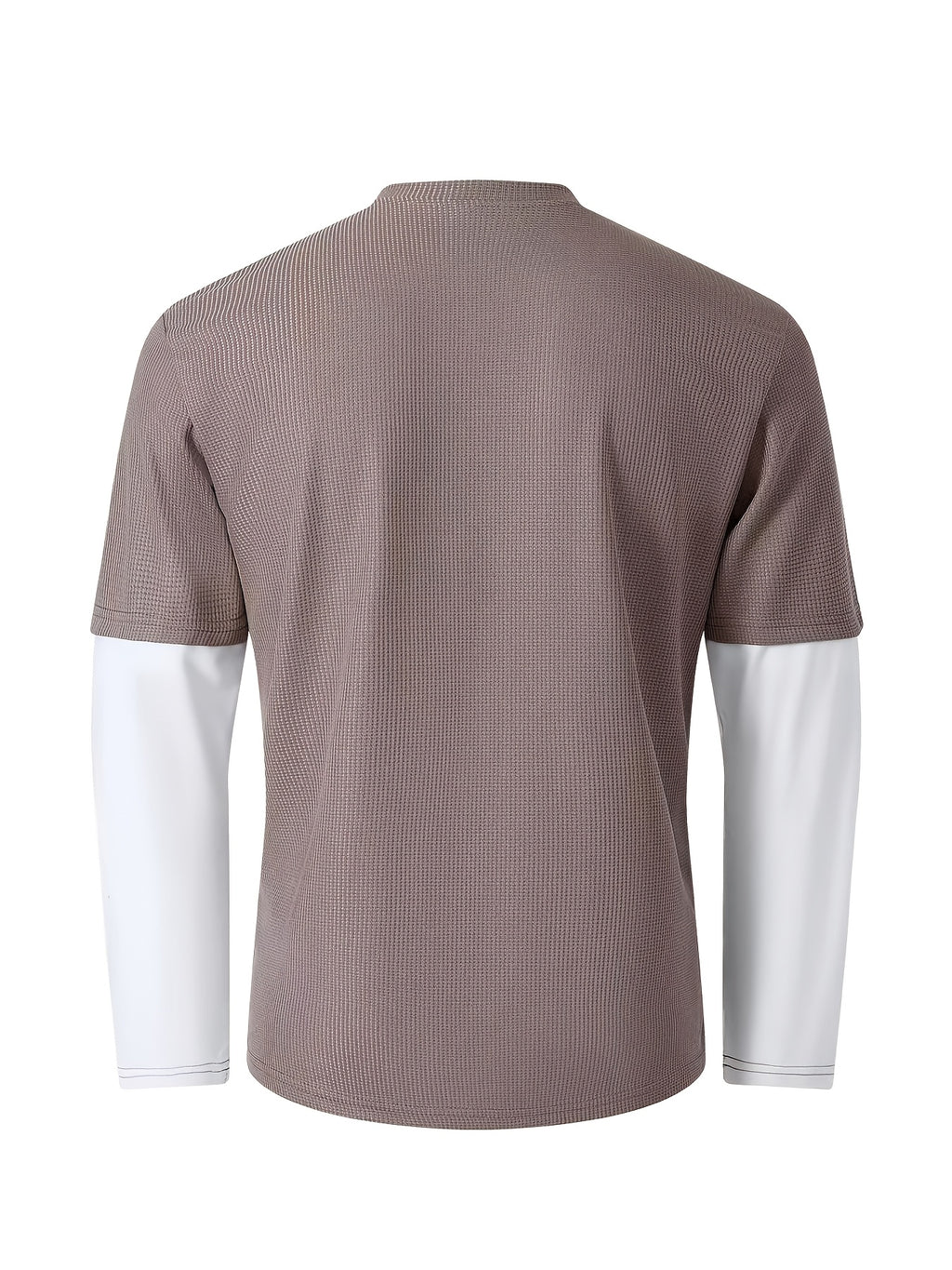 Spring/Autumn Men's Waffle Knit Henley Neck T-Shirt 2-in-1 Look Black and White Color Block Loose Long Sleeve Top - Khaki
