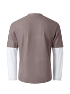 Spring/Autumn Men's Waffle Knit Henley Neck T-Shirt 2-in-1 Look Black and White Color Block Loose Long Sleeve Top - Khaki