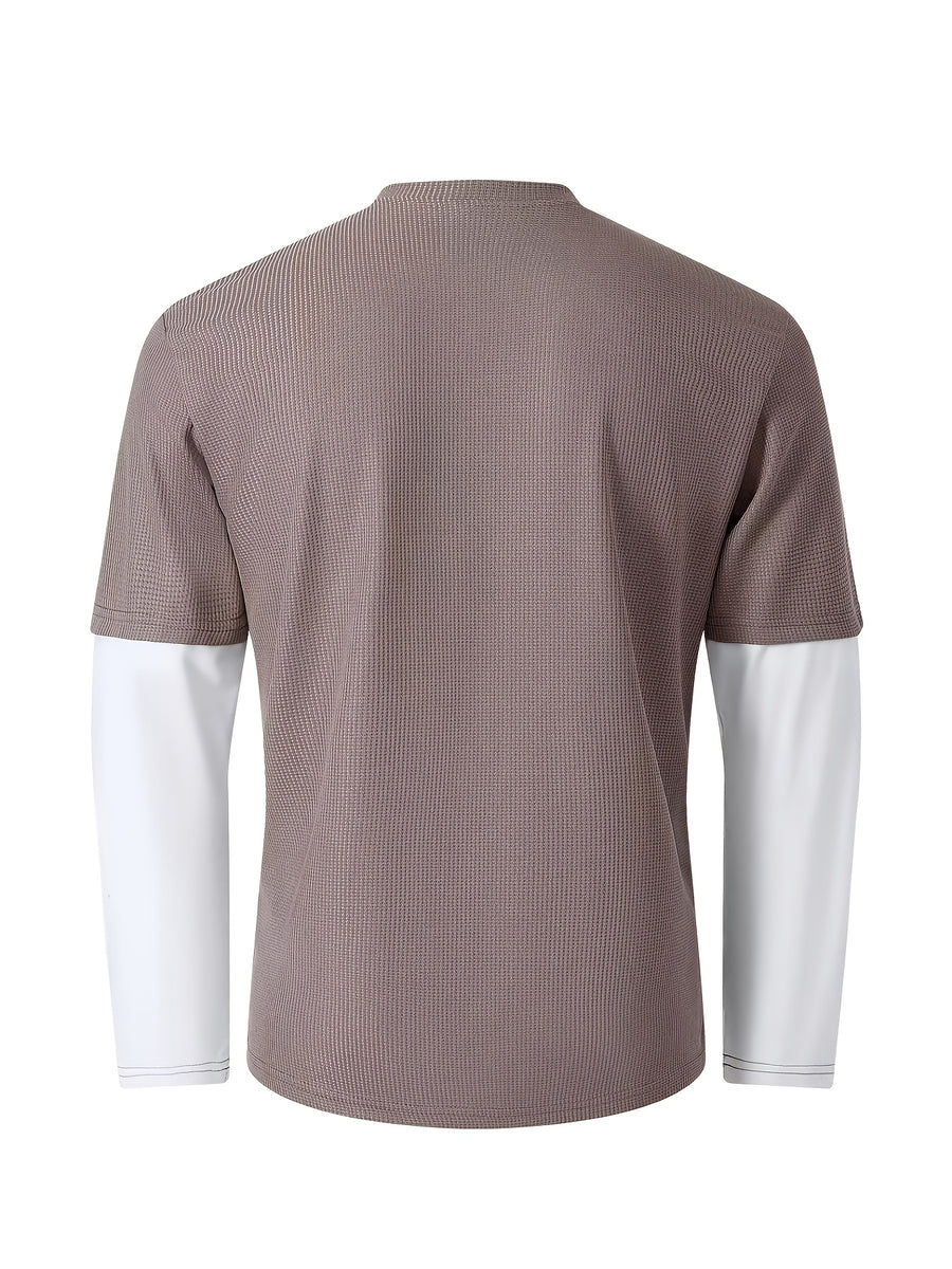 Spring/Autumn Men's Waffle Knit Henley Neck T-Shirt 2-in-1 Look Black and White Color Block Loose Long Sleeve Top - Khaki