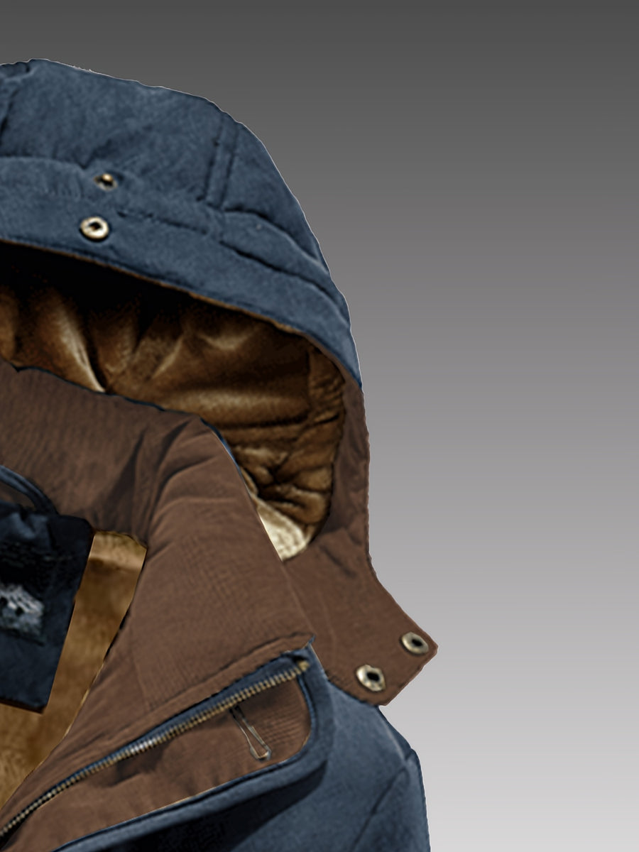 Cargo Jacket, Removable Hood Corduroy Lining Multi-Zipper Pockets, Warm Casual Top Jacket, Western Trendy Outerwear. Men'S Fashion Winter Mid-Length Fleece-Lined Thick Jacket, Men'S Work Practical Jacket - Blue