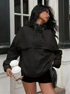 Women'S Summer New Half-Zip Hooded Loose Long Sleeve Thin Jacket Top Casual Versatile Coat - Black