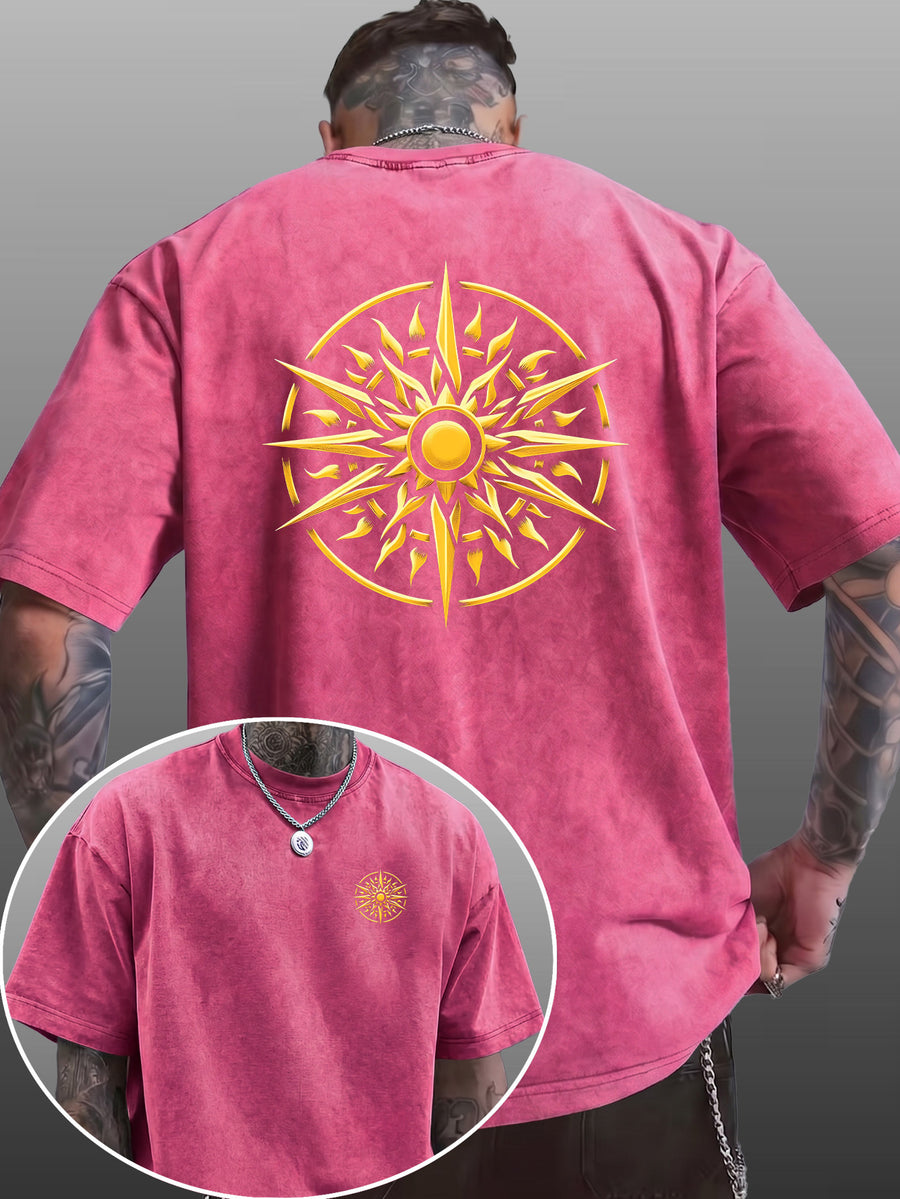 Men's Short-Sleeve T-Shirt, Pure Cotton Loose Fit Washed Distressed Top, Golden Compass Sun Pattern Trendy Reversible Double-Sided Print, Multiple Colors for  Mix & Match, American Streetwear High Street Hip-Hop Style, for Daily Outings - Rose Red