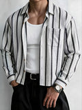 Men's Corduroy Textured Notch Lapel Long Sleeve Casual Shirt for Daily Commuting, Artistic and Trendy Vintage Ethnic Style Vertical Stripe Long Sleeve Shirt - White