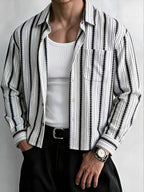 Men's Corduroy Textured Notch Lapel Long Sleeve Casual Shirt for Daily Commuting, Artistic and Trendy Vintage Ethnic Style Vertical Stripe Long Sleeve Shirt - White