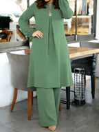 Eid | Plain Sequin Muslim Fall/Winter 2pcs Jilbab Set | Elegant Plain Sequin Abaya Women Modest Dress And Loose Wide-Leg Pants | Modest Outfit for Daily And Festive Wear - Green