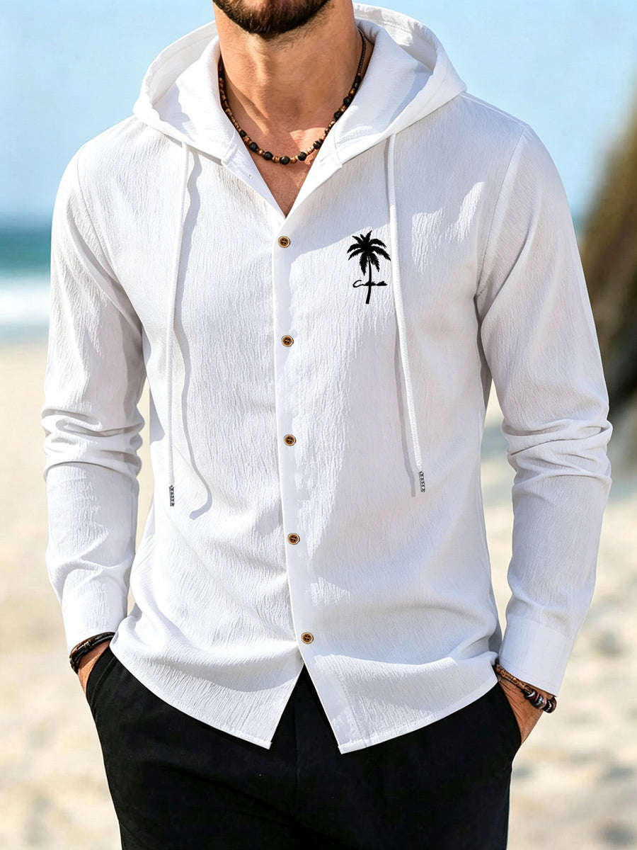 Men's Coconut Tree Print Hooded Long-Sleeve Shirt, Slightly Wrinkled Textured Casual Button-Up Cardigan, Summer Lightweight Breathable Vacation Top, Hawaiian Beach Jacket, Shirt Style + Hood with Drawstring, Suitable for Beach Trips, City Strolls - Big White