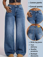 XNVJVEYG 1pc Women'S High-Waist Wide-Leg Jeans, Casual Loose Straight-Leg Denim Trousers, Classic Blue Washed Denim Pants with Pockets, Vintage Baggy Jeans for Streetwear And Daily Wear - Medium Blue