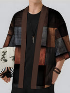 New Summer Men's Kimono Cardigan, Loose Fit Casual Trendy Thin Cape Outerwear, Men's Vacation Style, Digital Print Versatile Vintage Dark Brown Wooden Block Pattern - Mixed colors