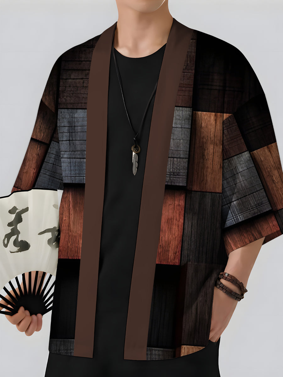New Summer Men's Kimono Cardigan, Loose Fit Casual Trendy Thin Cape Outerwear, Men's Vacation Style, Digital Print Versatile Vintage Dark Brown Wooden Block Pattern - Mixed colors