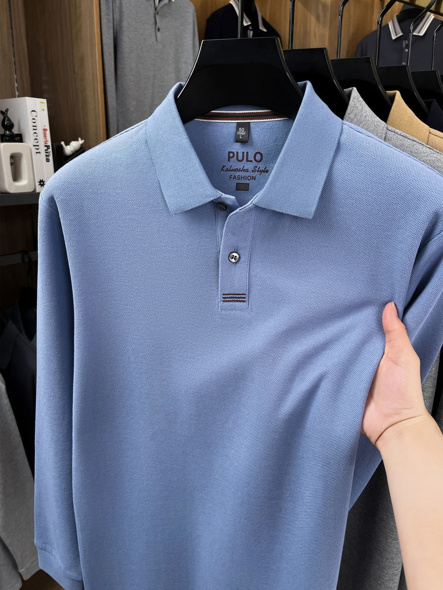 Men's Golf, Casual, Fishing, Tennis, Sports Solid Color Top, Spring/Autumn Apparel for Middle-aged and Young Men, Soft and Skin-friendly Piqué Pure Fabric, Long-Sleeve Polo Shirt, Men's Long-Sleeve T-Shirt, New Spring/Autumn Casual Turn- Collar Solid - Light Blue