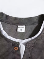 Spring/Autumn Men's Waffle Knit Henley Neck T-Shirt 2-in-1 Look Black and White Color Block Loose Long Sleeve Top - Grey
