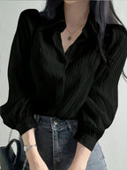Solid Color Shirt Women'S French Long Sleeve Blouse Jacket Autumn Winter Thin Women'S Clothing Design-Oriented Shirt Top - Black