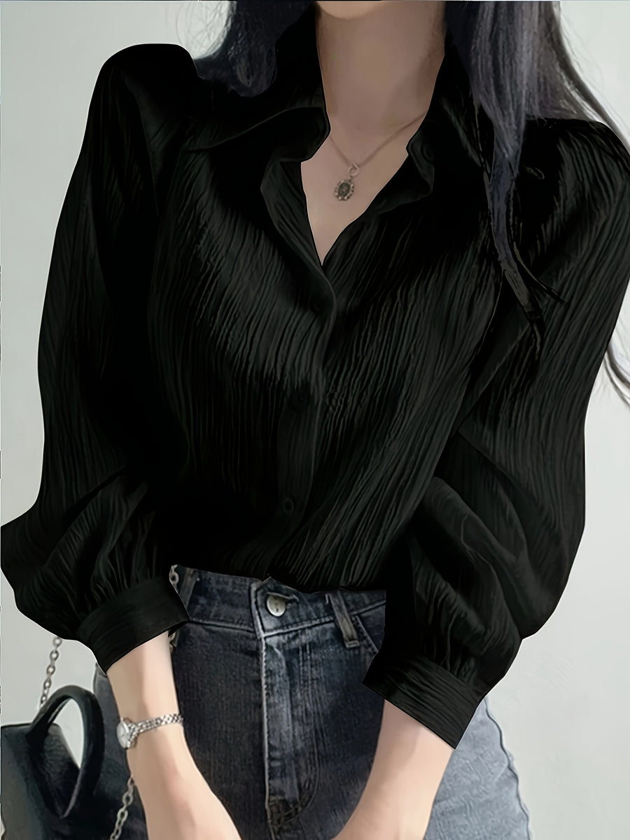 Solid Color Shirt Women'S French Long Sleeve Blouse Jacket Autumn Winter Thin Women'S Clothing Design-Oriented Shirt Top - Black