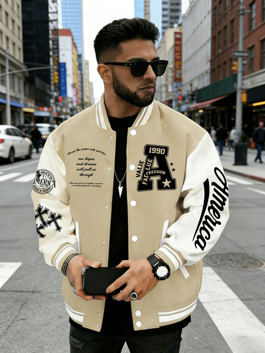 Heavy Fabric American Baseball Jacket, Durable And Non-Deforming, American Retro Street Style 1990 Large A Letter Coat - Khaki