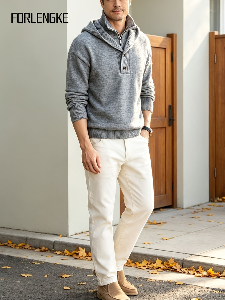 FORLENGKE Men'S Intercity Lightweight Travel Wind Hooded Double Placket Knit Top, Zipper Button-Up Dual Adjustable Style Flexible, Autumn Winter Short Distance Travel Self-Driving Roaming Golf Sports Outdoor Camping Casual Outerwear Top - Light Grey