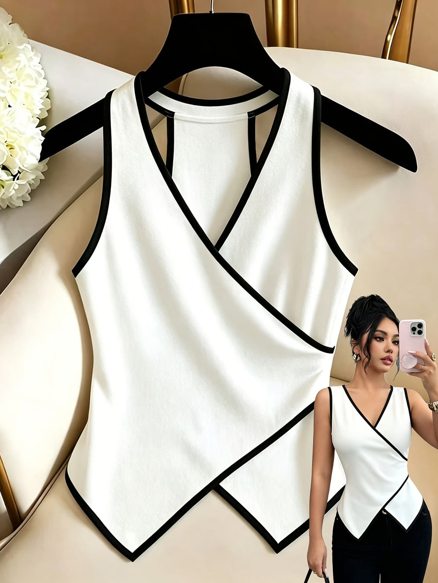 Black and White Color-block V-neck Camisole with an Irregular Hem Design - Mixed colors