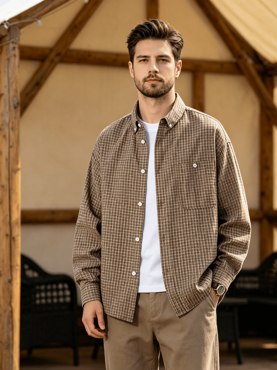 Men's Casual Long-Sleeve Shirt, Lightweight Spring/Autumn Fashion Lapel Shirt for Outdoor Daily Outings, Wrinkle-Free Men's Top - Brown