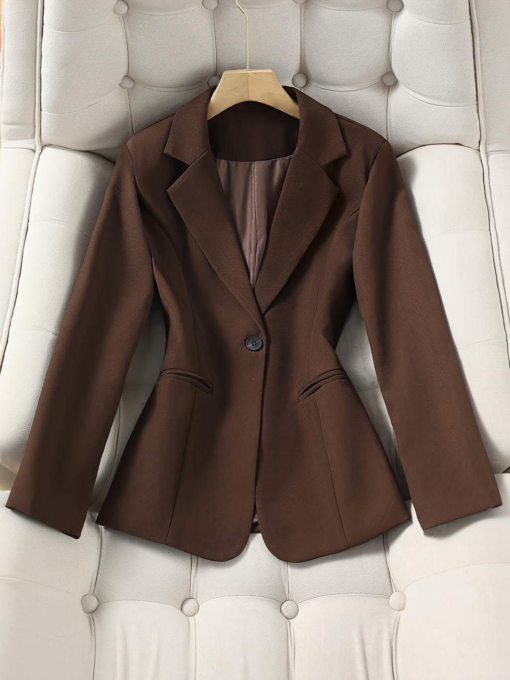 New Elegant Long-Sleeve Blazer for Spring, Autumn, and Winter - Waist-Defining Office Casual Versatile Jacket with Pockets - Coffee Brown
