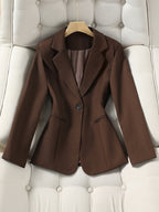 New Elegant Long-Sleeve Blazer for Spring, Autumn, and Winter - Waist-Defining Office Casual Versatile Jacket with Pockets - Coffee Brown