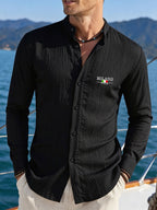 3pcs Men'S Lightweight Breathable Long Sleeve Shirts, Trendy "MILANO" Letter Flag Pattern Print - Fashionable Versatile Stand-Up Collar Comfortable Open Cardigan, Suitable for All Seasons, Beach, Outdoor, Travel Vacation, Party Daily Casual Wear - Black+white+rose Red