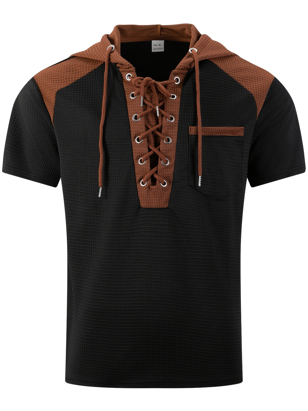 Men'S Plaid Knit Contrast Trim Hooded Sweatshirt - Short Sleeve Button-Up V-Neck Top with Chest Pocket, Vintage Street Style, for Everyday Wear - Black