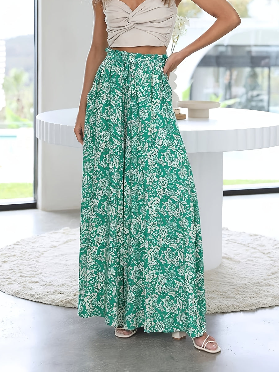 Women's Casual Elastic Waistband Printed Wide-Leg Pants - Green And White Flowers