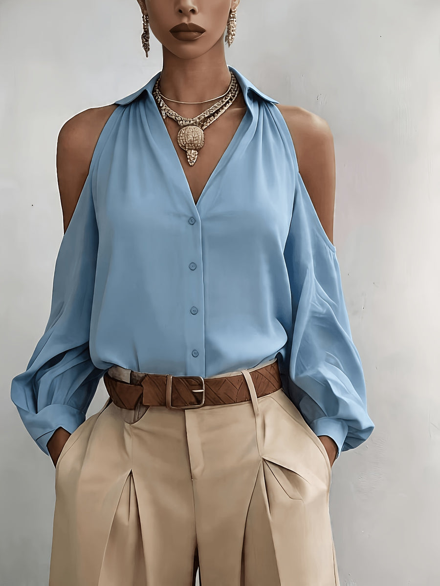 Women's Elegant Top, Summer Off-Shoulder Solid Color Blouse, for Commuting, Dating, and Daily Versatile Wear, with Lapel Collar and Buttons, Solid Color Long Sleeve Shirt ASD1 - Deep Sky Blue