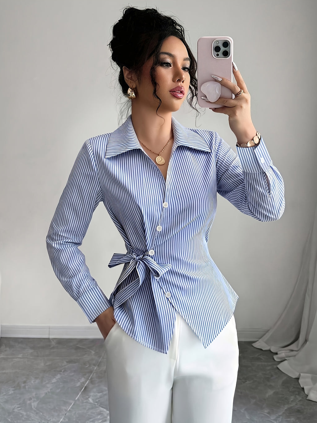 Stylish Long-sleeved Womens Shirt a New Luxuryversatile Top That Helps to Conceal Body Flaws and Create a Slimmer Appearancestripedtiedback Shirt for Women. - Light Blue Color