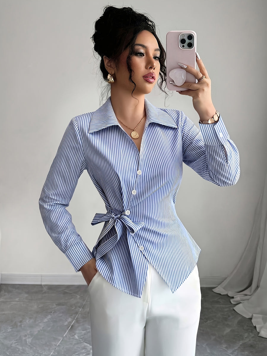Stylish Long-sleeved Womens Shirt a New Luxuryversatile Top That Helps to Conceal Body Flaws and Create a Slimmer Appearancestripedtiedback Shirt for Women. - Light Blue Color
