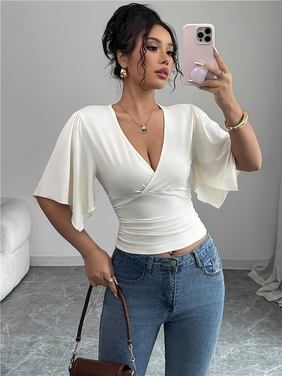 Fashionable and Versatile Vintage Five-quarter Sleeve V-neck Pleated Elegant Top T-shirt - White