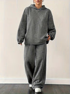 European and American Autumn Winter Loose Solid Color Hooded Sweatshirt Straight Leg Pants Casual Sportswear Set - Black Gray
