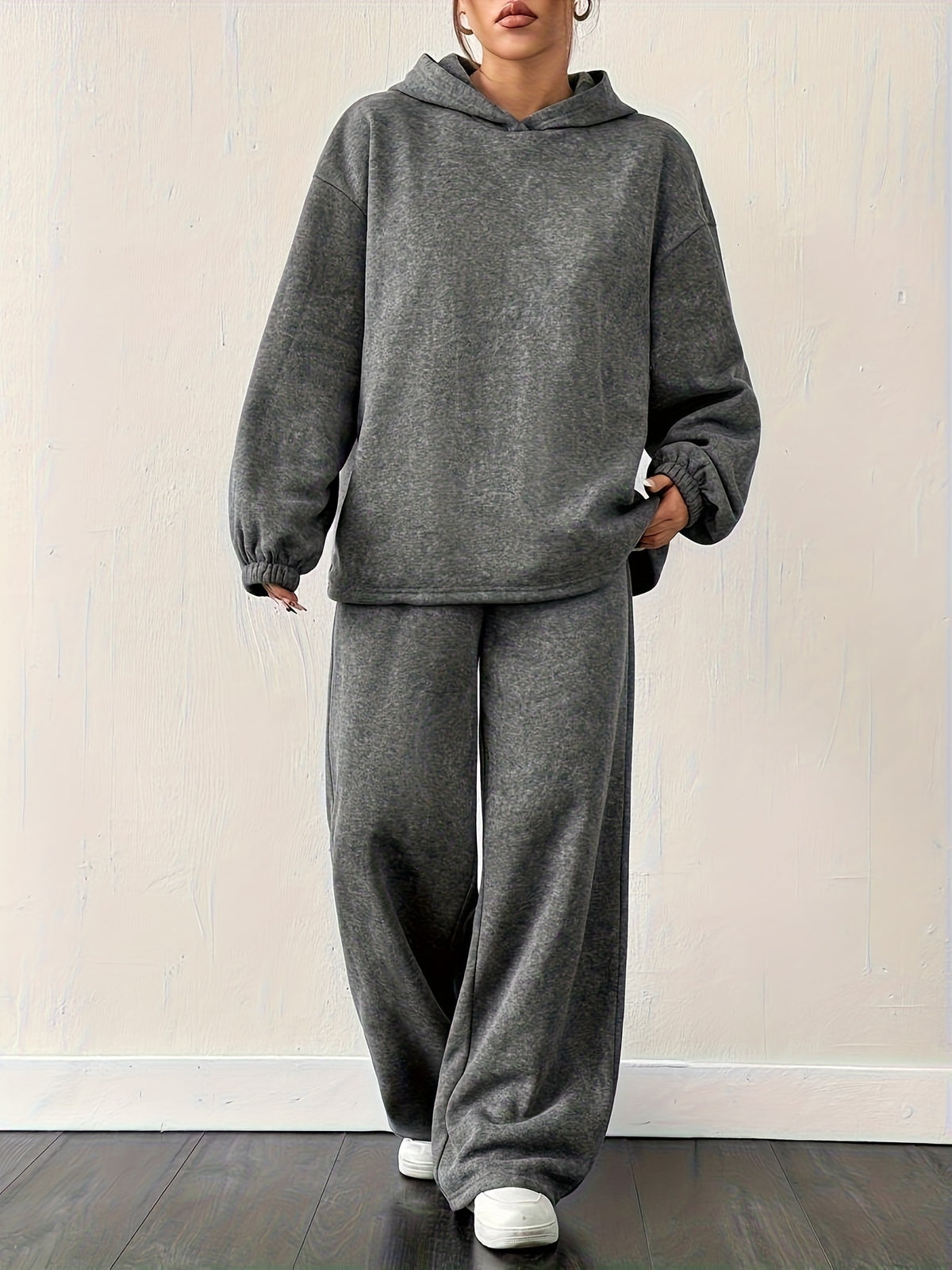 European and American Autumn Winter Loose Solid Color Hooded Sweatshirt Straight Leg Pants Casual Sportswear Set - Black Gray