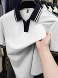 New Summer V-Neck Buttonless Lapel High-Stretch Short-Sleeve Men's T-Shirt, Fashionable Casual Sport Quick-Dry Men's Shirt, Skin-Friendly and Cool, Y Smooth Breathable Men's Top TX16215 - White