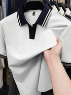New Summer V-Neck Buttonless Lapel High-Stretch Short-Sleeve Men's T-Shirt, Fashionable Casual Sport Quick-Dry Men's Shirt, Skin-Friendly and Cool, Y Smooth Breathable Men's Top TX16215 - White