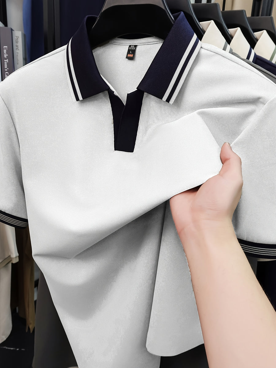 New Summer V-Neck Buttonless Lapel High-Stretch Short-Sleeve Men's T-Shirt, Fashionable Casual Sport Quick-Dry Men's Shirt, Skin-Friendly and Cool, Y Smooth Breathable Men's Top TX16215 - White