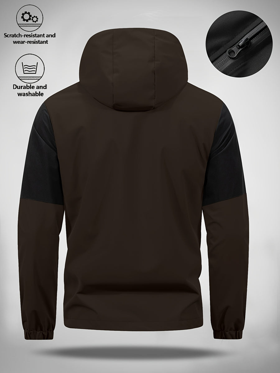 Men's Hooded Jacket with Bull Logo Colorblock Hooded Outdoor Jacket, Men's Sporty Casual Outerwear, JK1859 - Coffee Color