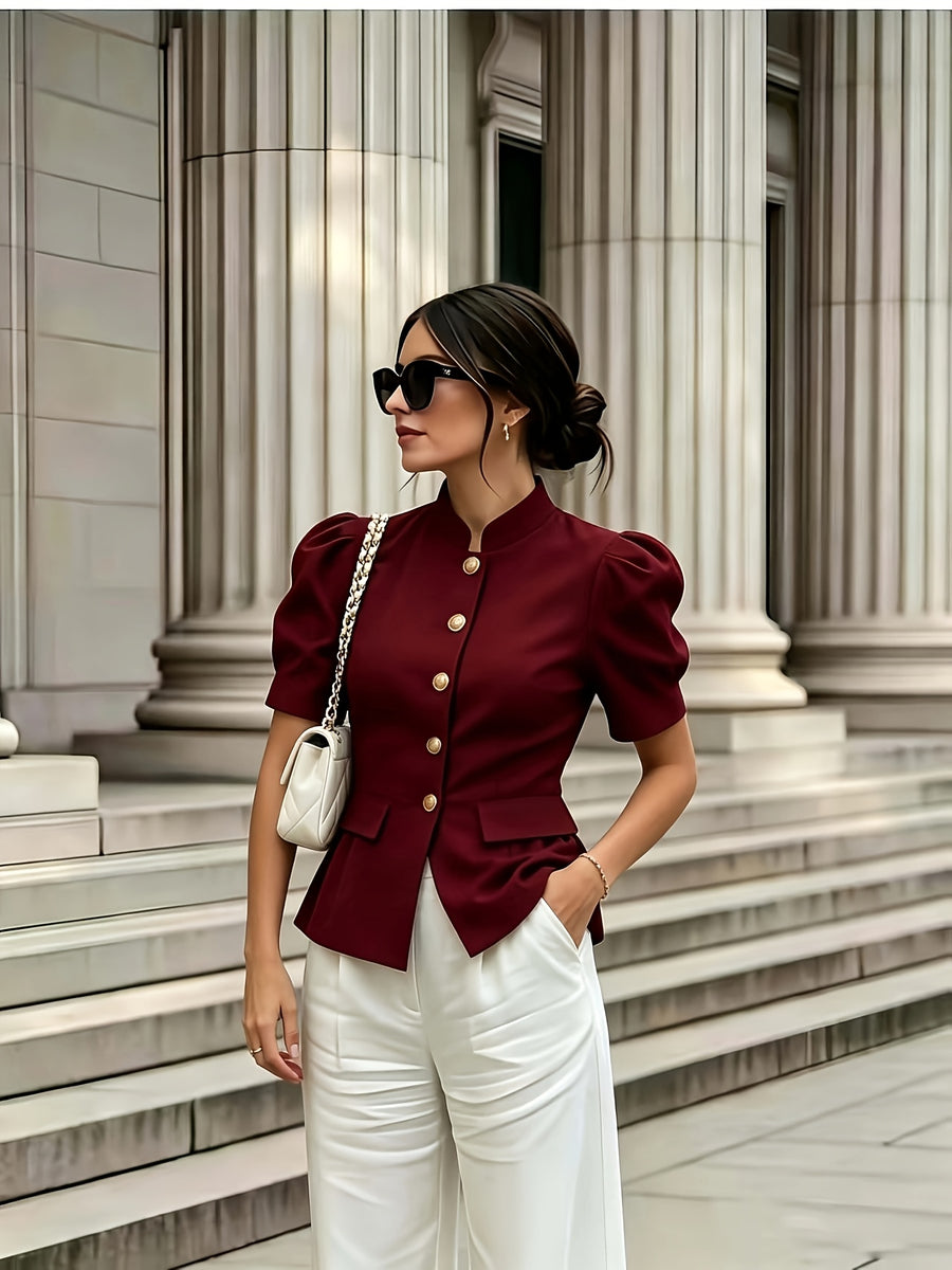 Fashionable and Elegant Women's Solid-color Stand-up Collar Princess-style Short-sleeve Jacket with Faux Pockets, Open Front, Single-breasted, and Casual Suit Jacket, Suitable for Commuting, Vacation, Business, and Daily Casual Wear - Burgundy