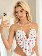 Women'S Solid Color Halter Drawstring Backless Sexy Camisole, Wavy Hem Heart-Shaped Tank Top - Mixed colors