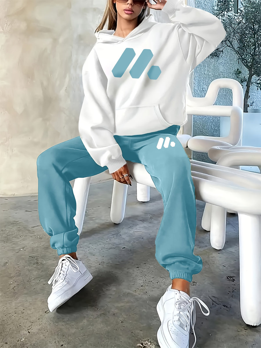 2025 Fall/Winter New Geometric Pattern Casual Letter Print Loose Warm Long Sleeve Hooded Sweatshirt and Drawstring Elastic Waist Pants Women's Two-Piece Set - White Blue