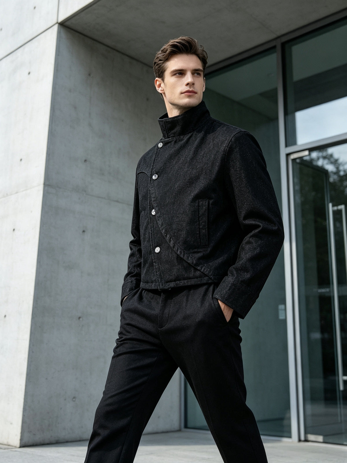 Heavy-duty Jacket, Autumn Streetwear Brand, Three-Dimensional Cut, Curved Denim Jacket, Multi-Style Irregular Loose Fit, Stand Collar Button-Up Outerwear, Unisex - Black