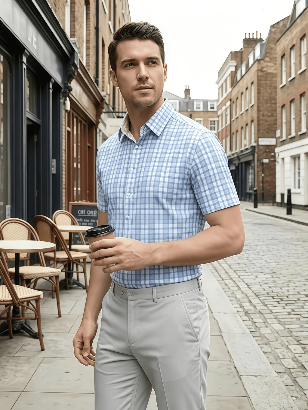 Multi-Color Plaid Men'S Short Sleeve Shirt 4pcs Set, Christmas Gift, Holiday Wear, Office, Date Night, Easy Fit with Festive Style, Casual Wear, Full Holiday Atmosphere, Easy to Get Festive Photos, Easy Cut, Versatile for Layering And Single Wear - Light Blue+Khaki+Silvery Gray+Dark Blue
