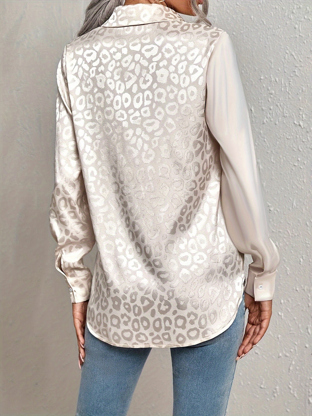 Leopard-Print Jacquard Two-Tone Patchwork Satin Buttoned Long-Sleeve Collared Shirt - Apricot